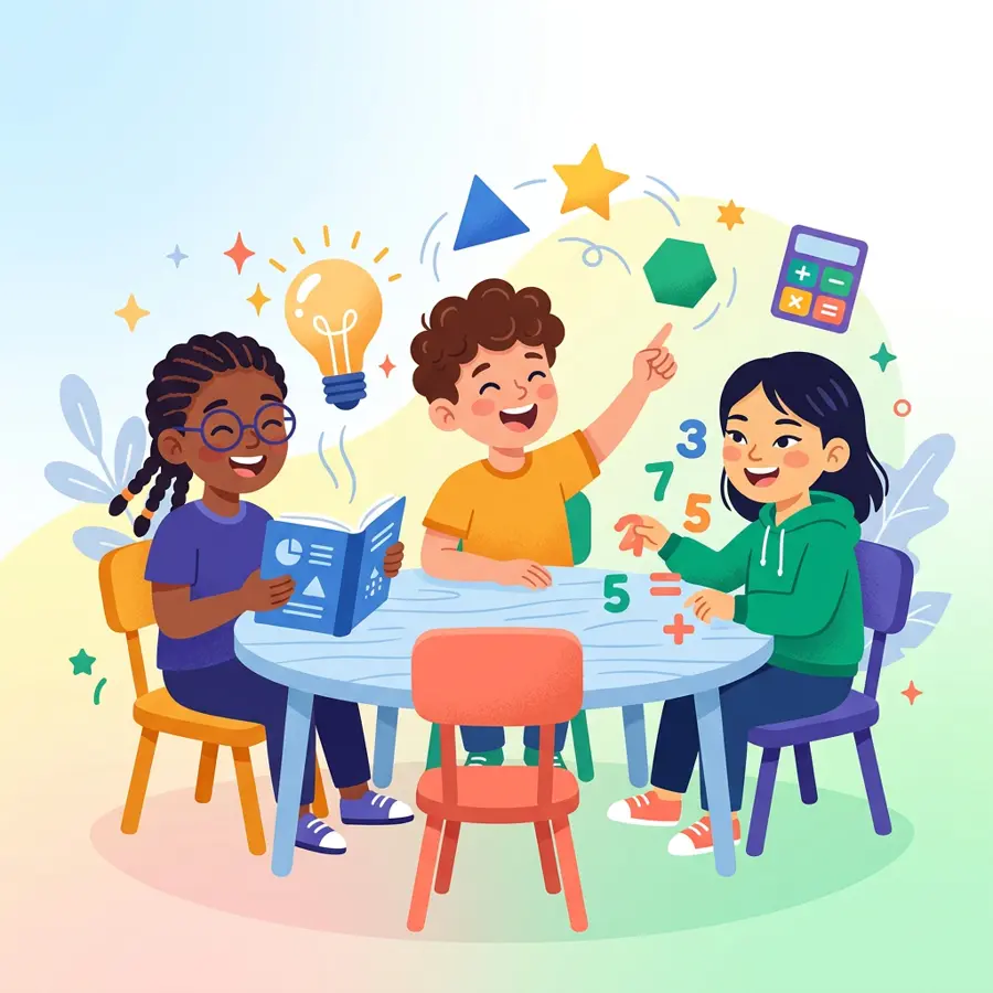 Illustration of children solving puzzles, shapes, numbers and letters
